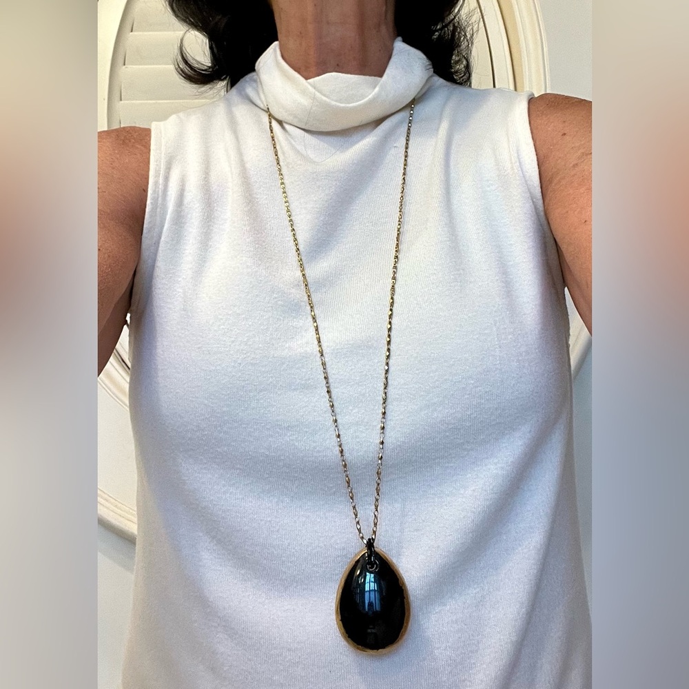 Gold Chain Necklace with Black Teardrop Pendant - Women's Jewelry